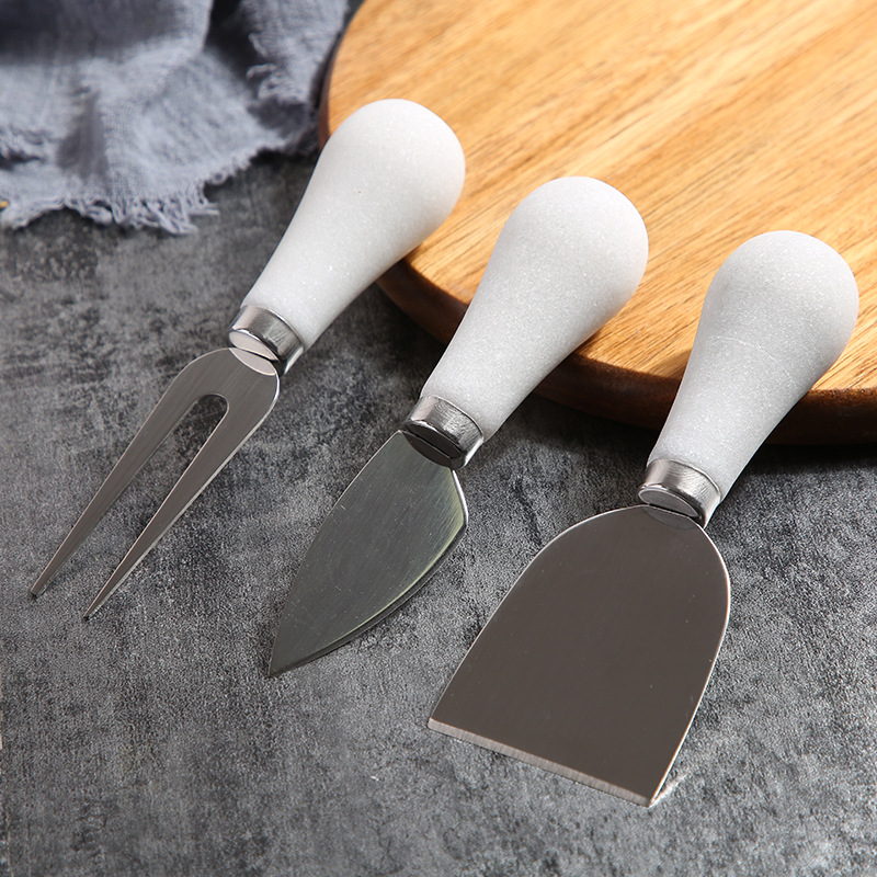3-Piece Stainless Steel Cheese Knife Set with White Ergonomic Handles – Fork, Spreader, and Slicer